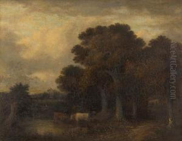 Cattle Watering Beside A Wood Oil Painting by John Berney Crome