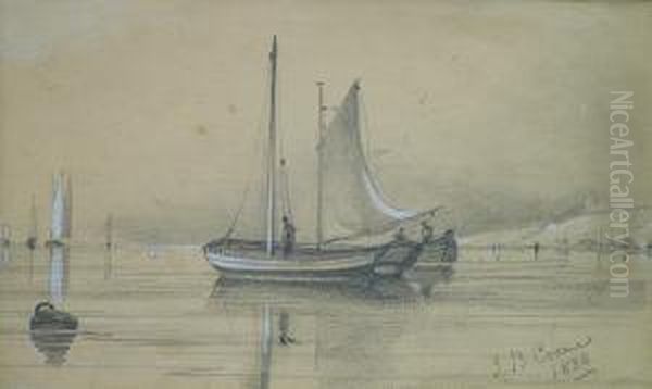 Sketch Of Fishing Boats On Still
 Water With A Coast In The Distance, Signed And Dated 1838 Oil Painting by John Berney Crome