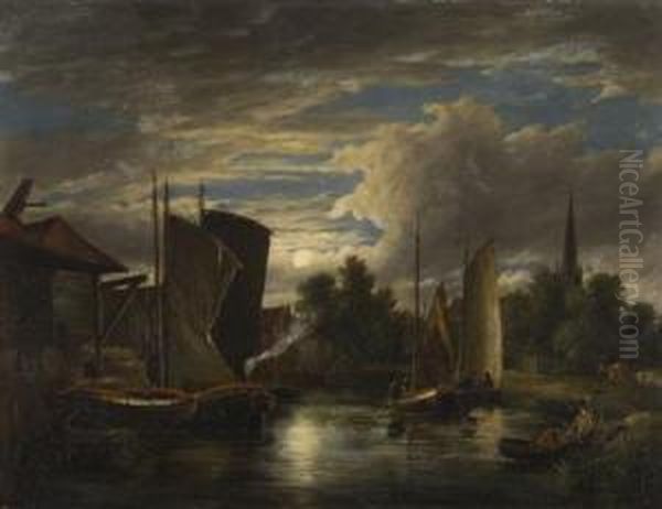 Boats On The River Wensum By Moonlight Oil Painting by John Berney Crome