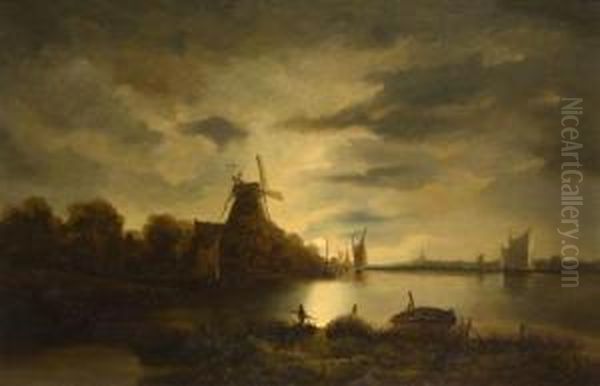 An Inland Water-way With Windmill And Boats By Moonlight Oil Painting by John Berney Crome