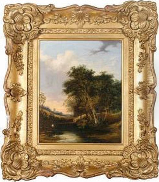 Figures In A Woodland Landscape With Windmill Beyond Oil Painting by John Berney Crome