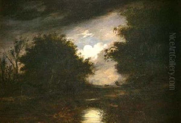 A Moonlight Riverlandscape With Distant Mill Oil Painting by John Berney Crome