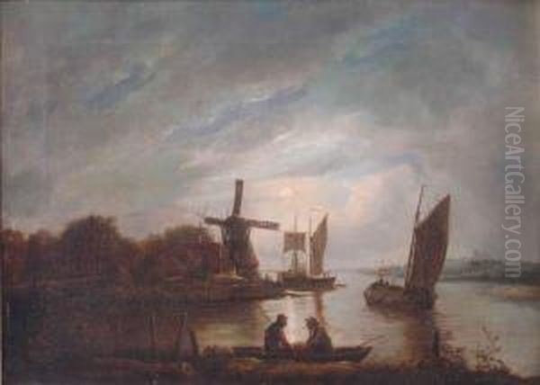 Amoonlit River Scene With Figures In A Boat, A Windmill Beyond Oil Painting by John Berney Crome