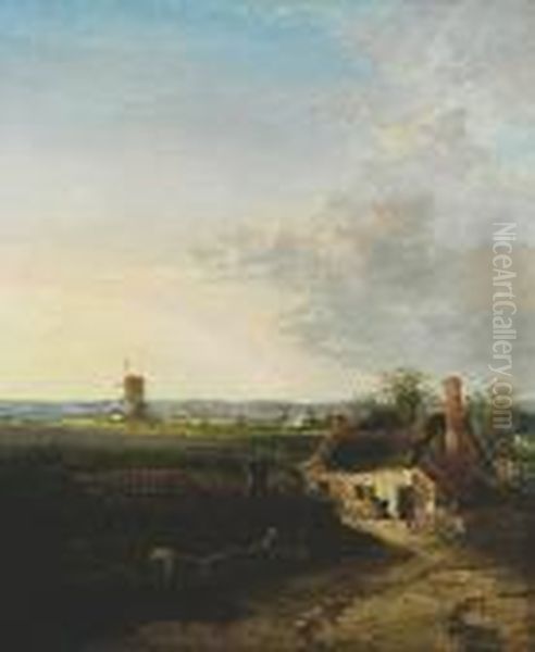 Extensive Landscape With Cottages And Windmill Oil Painting by John Berney Crome