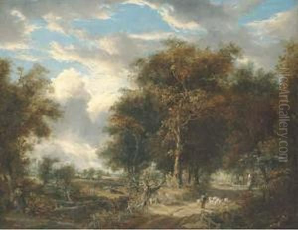 A Wooded Landscape With A Shepherd And Sheep On A Path Oil Painting by John Berney Crome