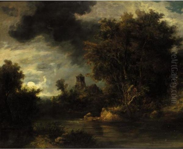 Moonlight River Scene Oil Painting by John Berney Crome