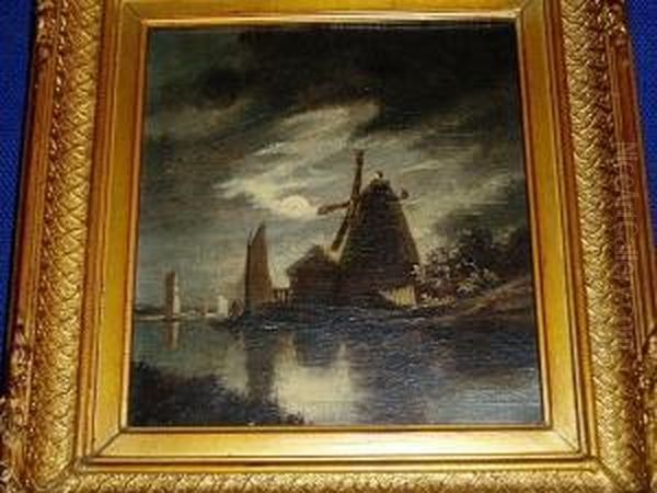 Boats By The Windmill On A Moonlit River Oil Painting by John Berney Crome