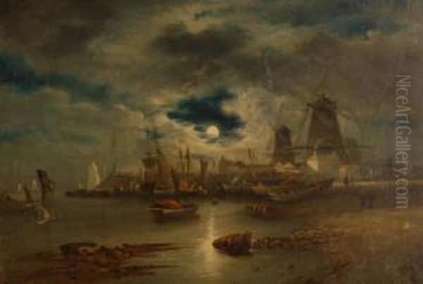 Busy East Anglian Harbour Scene Oil Painting by William Henry Crome