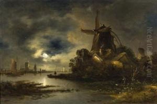 Estuary Scene With Windmill By Moonlight Oil Painting by William Henry Crome