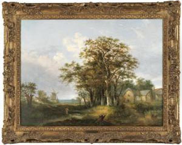 Landscape With A Young Boy Fishing, A Windmill Beyond Oil Painting by William Henry Crome