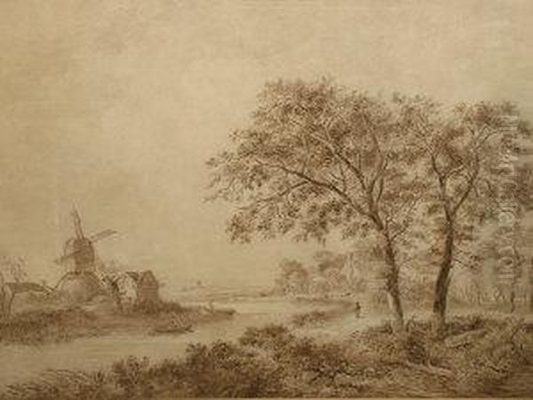 River Landscape With Cottages And A Mill, Possibly Eastanglia Oil Painting by William Henry Crome