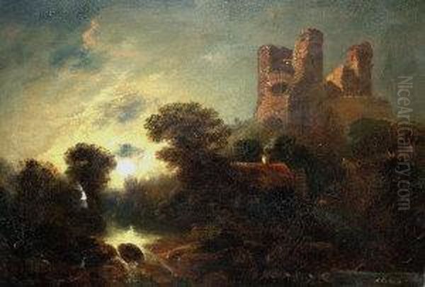 Moonlit River Scene With A Castle Oil Painting by William Henry Crome