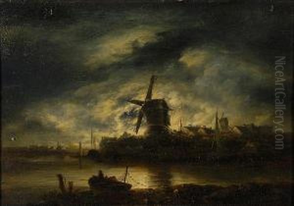 Riverscape At Night With Windmills And Boats. Oil Painting by William Henry Crome