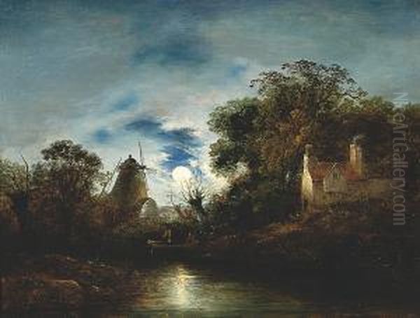 An Angler Before A Windmill By Moonlight Oil Painting by William Henry Crome