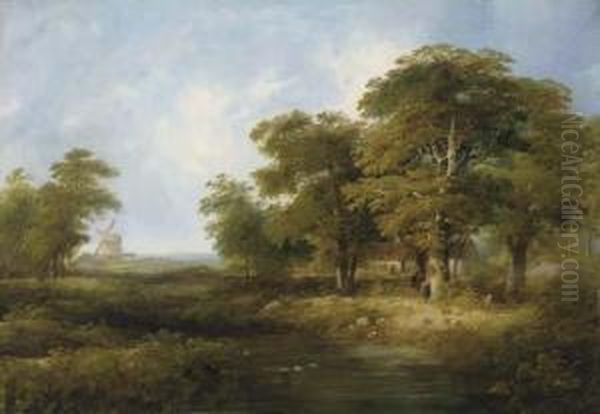 Figures By A Cottage In A Wooded Landscape, A Windmill Beyond Oil Painting by William Henry Crome