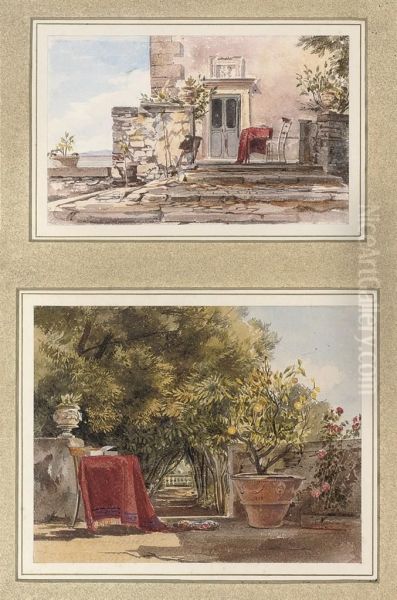 Terrace At The Villa Muti At Frascati; And Boschetto Of The Villa Muti, Frascati Oil Painting by Thomas Hartley Cromek