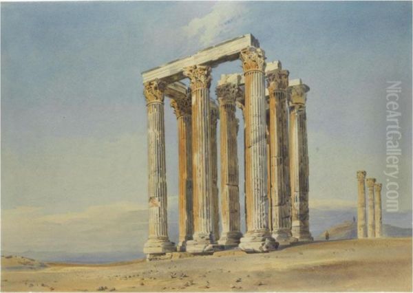 The Temple Of Olympian Zeus, Athens Oil Painting by Thomas Hartley Cromek