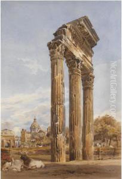 The Forum, Rome: The Remains Of 
The Temple Of The Dioscuri With The Church Of Santa Martina And San Luca
 Beyond Oil Painting by Thomas Hartley Cromek