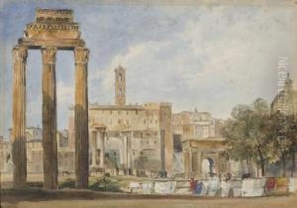 Vue Du Forum A Rome Avec Le Temple De Vespasien Au Premier Plan Oil Painting by Thomas Hartley Cromek