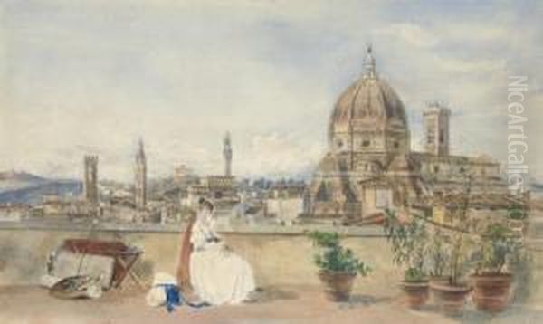 The Artist's Wife Admiring The 
Skyline Of Florence With The Bargello, Badia, Forte Belvedere, Palazzo 
Vecchio, Duomo And Campanile, From A Roof Terrace On The Via Dei Servi Oil Painting by Thomas Hartley Cromek