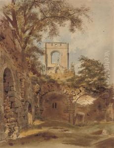 A Ruined Abbey Oil Painting by Thomas Hartley Cromek