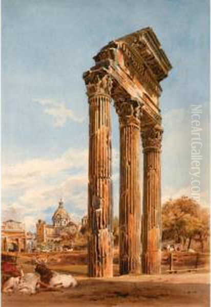 In The Forum, Rome: The Remains 
Of The Temple Of The Dioscuri And The Church Of Santa Martina And San 
Luca Beyond Oil Painting by Thomas Hartley Cromek