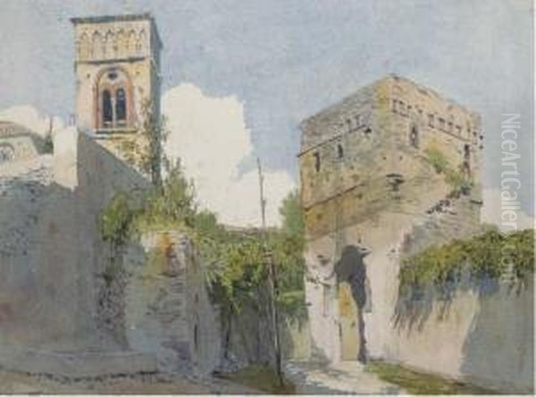 A Gateway To An Italian Town, A Church Beyond Oil Painting by Thomas Hartley Cromek