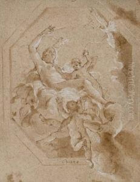 Venus Entouree De Putti Et De 
Colombes Dans Les Nuees (recto); Etude D'homme Nu Vu I Mi-corps (verso) Oil Painting by Giovanni Battista Crosato