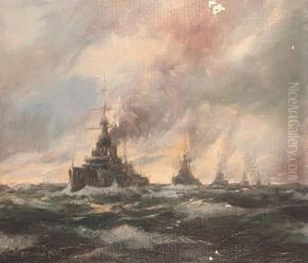 Battleships In Line Ahead Oil Painting by Frederick Gordon Crosby