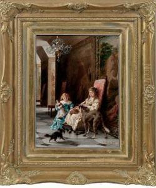 Spielende Madchen Mit Hunden Oil Painting by Luigi Crosio