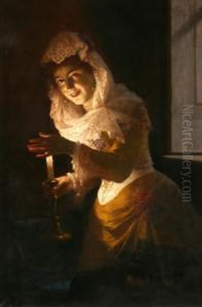 A Lume Di Candela Oil Painting by Luigi Crosio