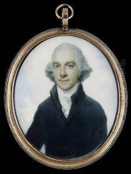 A Gentleman, Wearing High 
Collared Dark Green Coat, Matching Waistcoat And Frilled White Cravat, 
His Hair Powdered Oil Painting by Richard Crosse