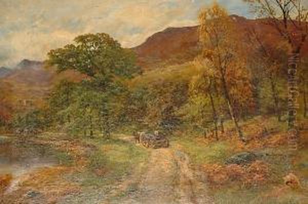 Landscape With Horse And Cart On Country Track Oil Painting by James Henry Crossland