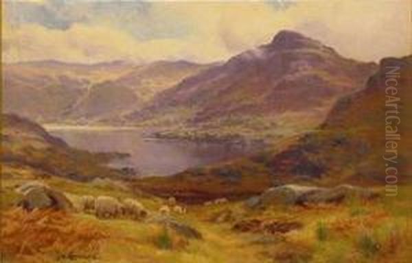 Mountain Lake With Grazing Sheep Oil Painting by James Henry Crossland