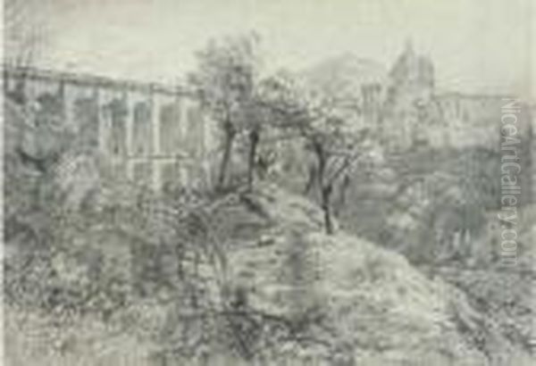 An Italian Monastery By A Viaduct Oil Painting by William Crouch