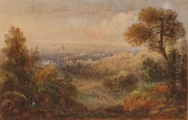 View Over A City; View Over A Lake; Coastal Scene Oil Painting by William Crouch