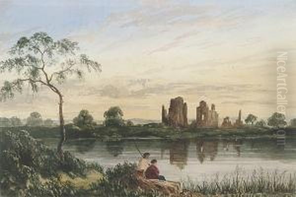 Figures By A Lake; Ruins By A River Oil Painting by William Crouch