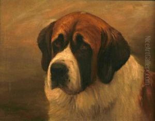 St Bernard Dog Oil Painting by Henry Crowther