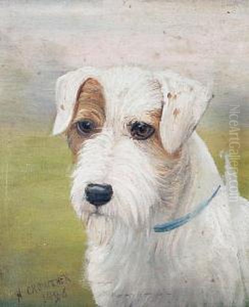 A Terrier In A Blue Collar Oil Painting by Henry Crowther