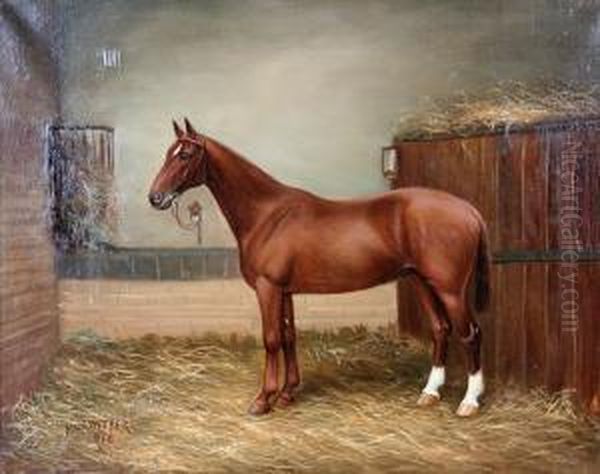 Chestnut Hunter In A Stable Oil Painting by Henry Crowther