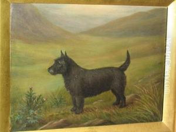 A Scottish Terrier Before A Landscape Oil Painting by Henry Crowther