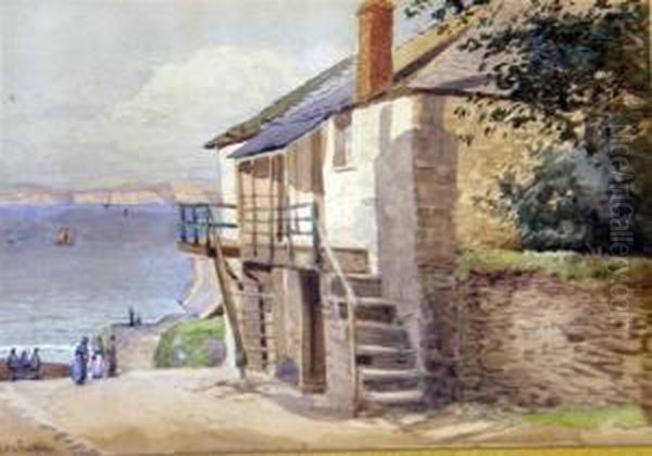 Street Scene In A Coastal Village With Figures, Sea And Cliffs In Thedistance Oil Painting by William Edwards Croxford