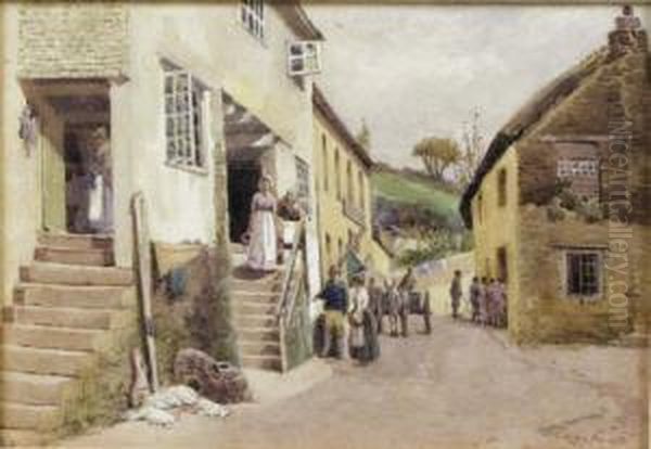 A Busy Cornish Street Oil Painting by William Edwards Croxford