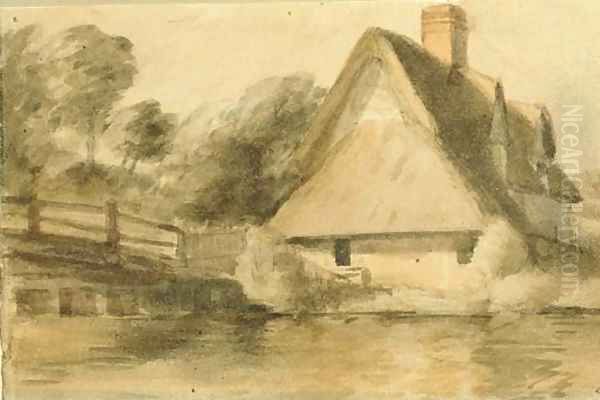 Bridge Cottage and Flatford Bridge Oil Painting by John Constable