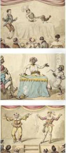 The Magic Trick; The Two Clowns; The Snake Charmer Oil Painting by George Cruickshank