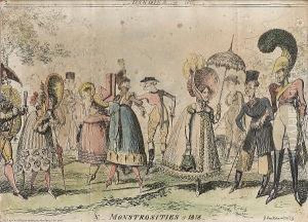 Dandies-of-1817 & Monstrosities Of 1818 Oil Painting by George Cruickshank