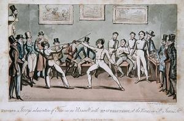 Fencing - Jerry's Admiration Of 
Tom In An Assulat With Mr O'shaunessy, At The Rooms In St James's St. Oil Painting by I. Robert and George Cruikshank