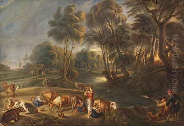 Landscape with milkmaids and huntsmen Oil Painting by John Constable