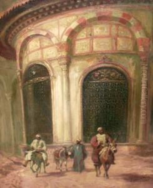 Hungarian -- Three Arabs With Mules Before A Temple Oil Painting by Karoly Cserna