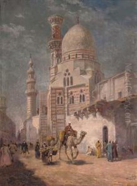 A Bustling Street Before A Cairo Mosque Oil Painting by Karoly Cserna